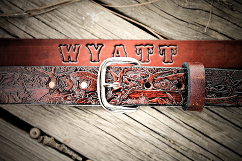 Kid's Leather Belt, WESTERN OAK LEAF DESIGN, cowboy belt,Name Engraved –  Miller's Leather Shop